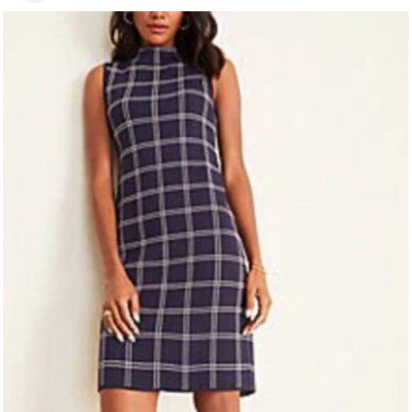 Ann Taylor· Small Petite · Navy Cream Grid Knit Dress · Mock Neck · Sleeveless - Picture 1 of 7